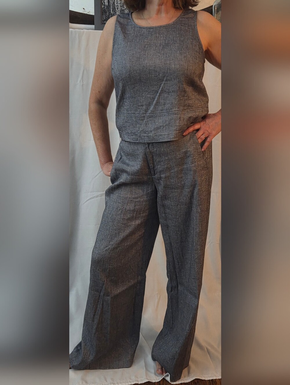 Banana Republic 2 Piece Sleeveless Gray/Blue Wide-Leg Linen Blend Top And Pant